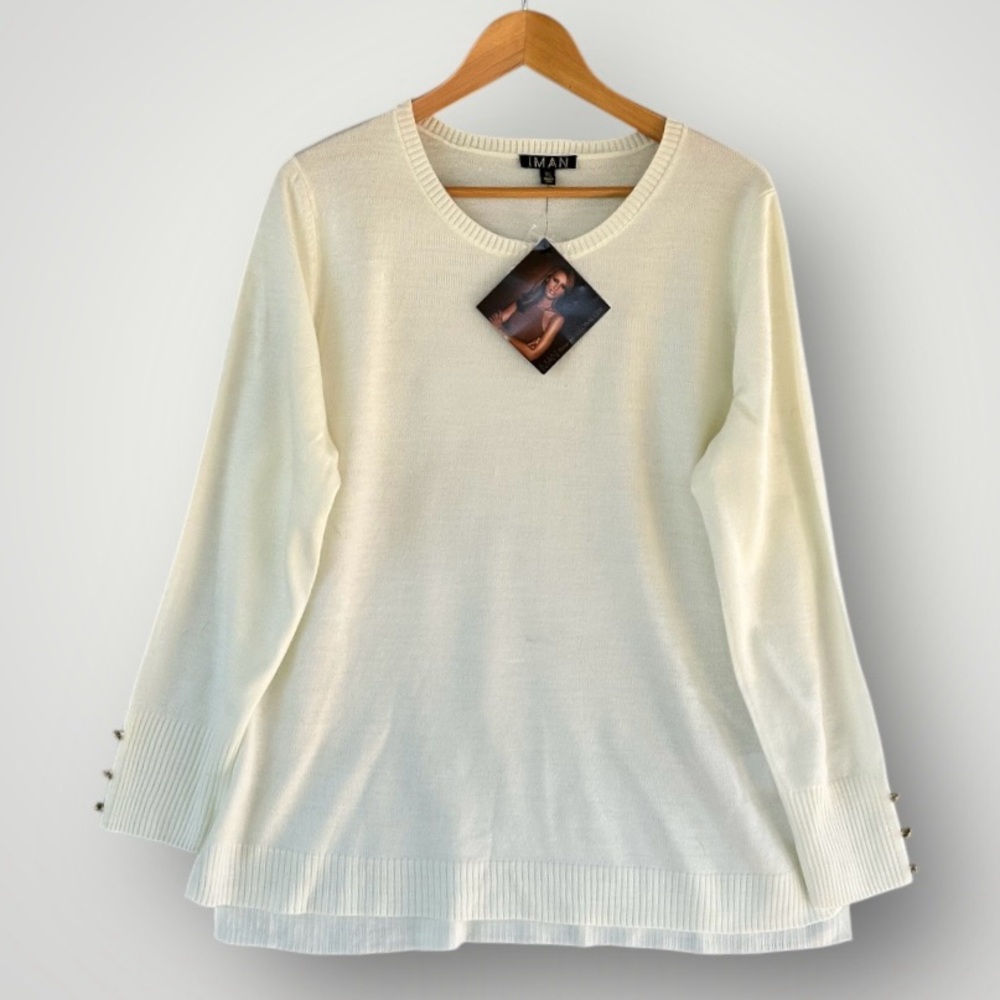 IMAN Cream Long-Sleeve Knit Sweater with Button Cuff